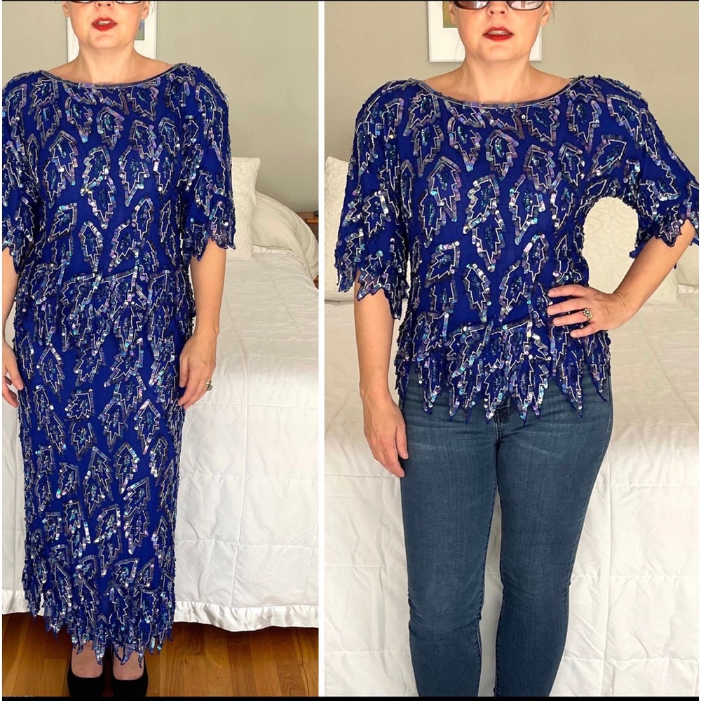 80s Scala Silk Blue Sequined Top Small Mediun